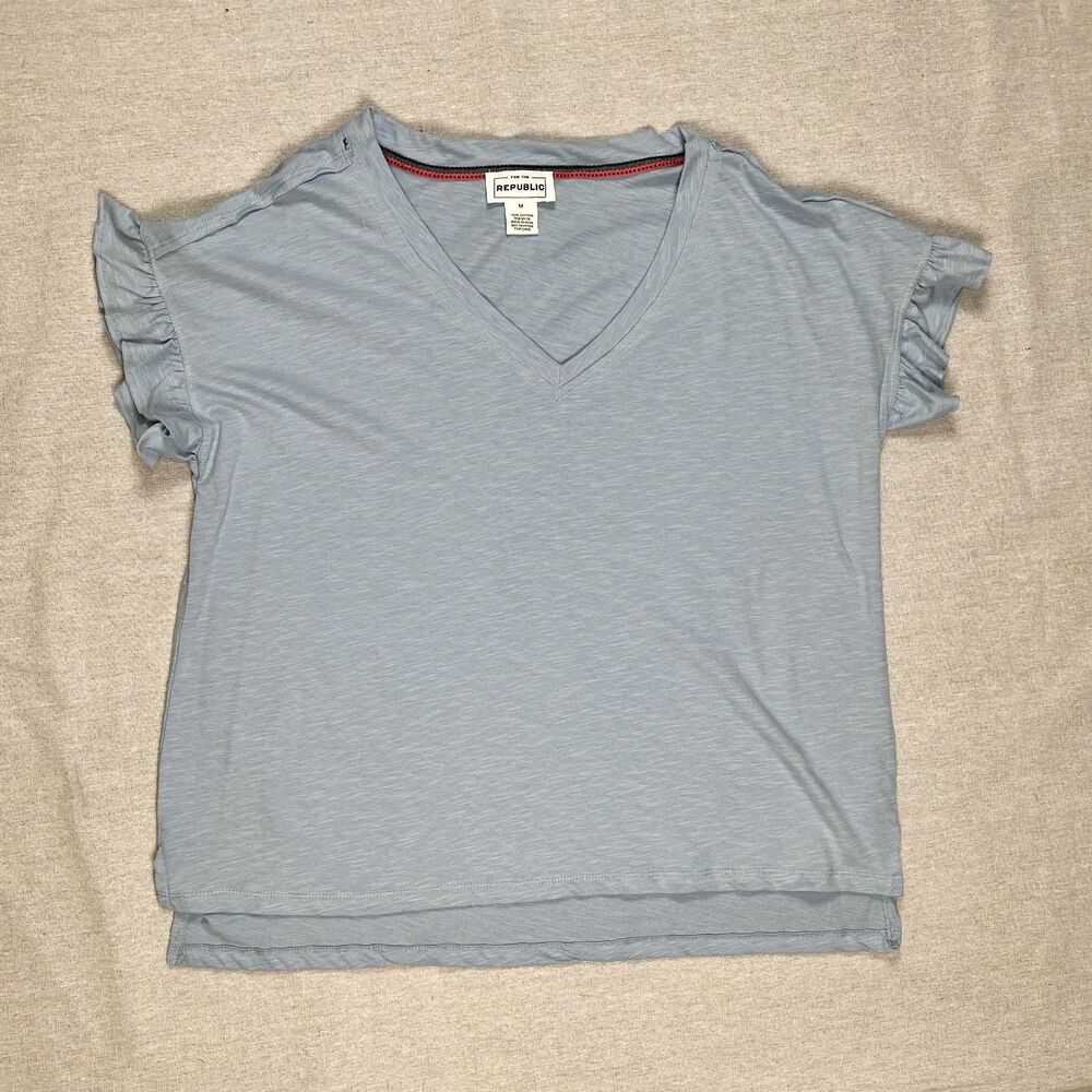 For the Republic | Cotton Light Blue Ruffle Sleeve Top | Medium
